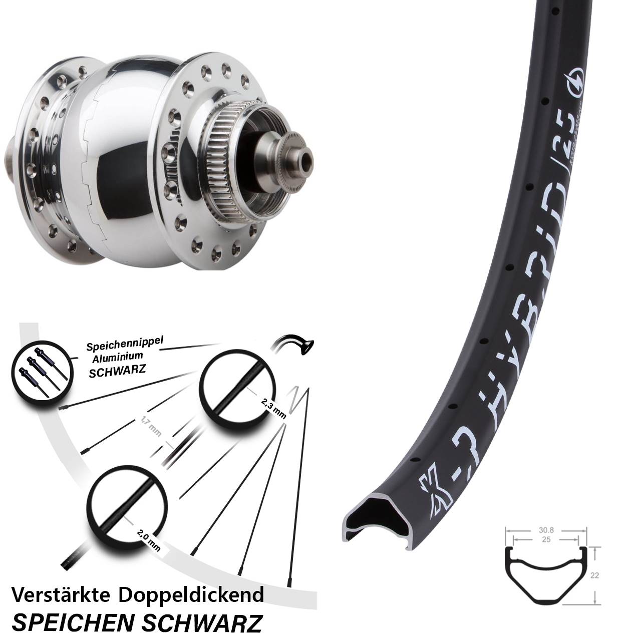 26 Zoll KX-R Hybrid 25 SON 28 poliert Dynamo-Vorderrad Centerlock für Schnellspanner