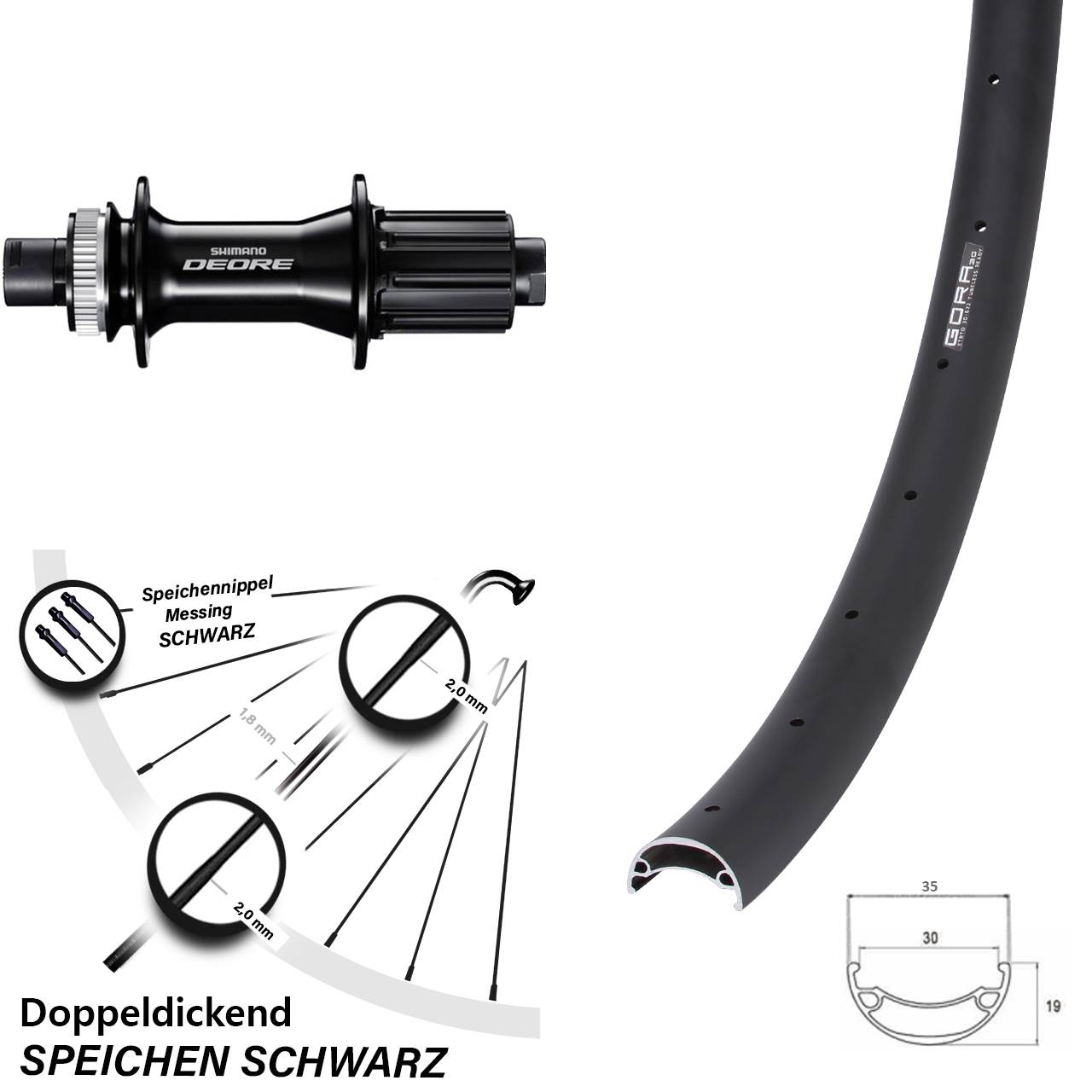 Centerlock Hinterrad 12x142 29 Zoll Gora 30 Shimano Deore 8-11 fach HG