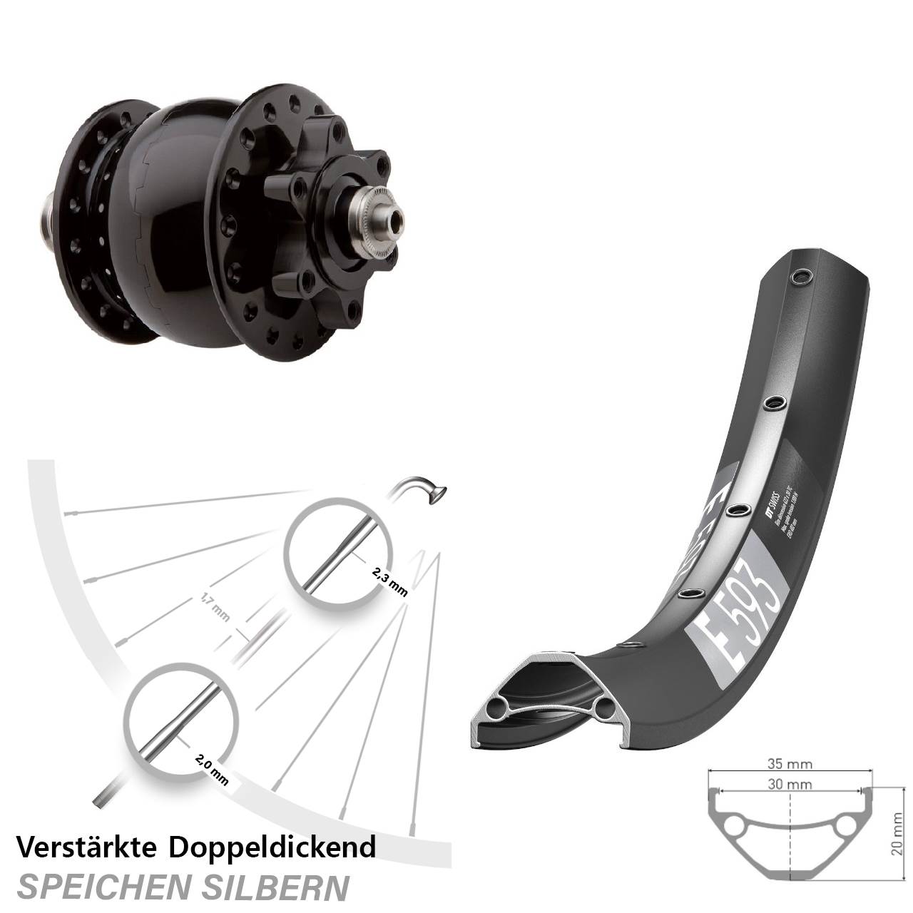 Nabendynamovorderrad 6-Loch 29 Zoll DT Swiss E593 SON 28 für Schnellspanner