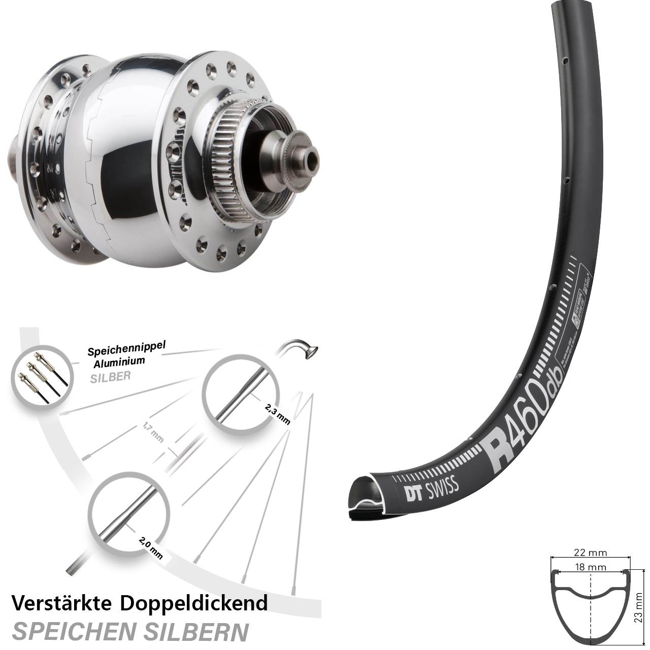 SON delux DT Swiss R 460 28 Zoll Disc Laufrad mit Nabendynamo QR