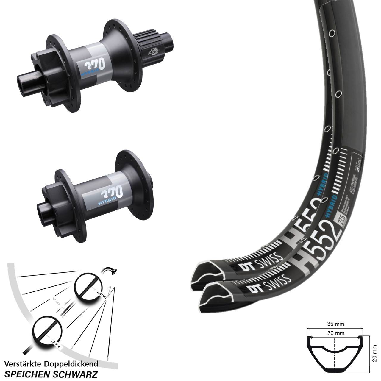 27,5 Zoll DT Swiss H 552-370 Hybrid Laufradsatz Disc 15x110 12x148 Micro Spline