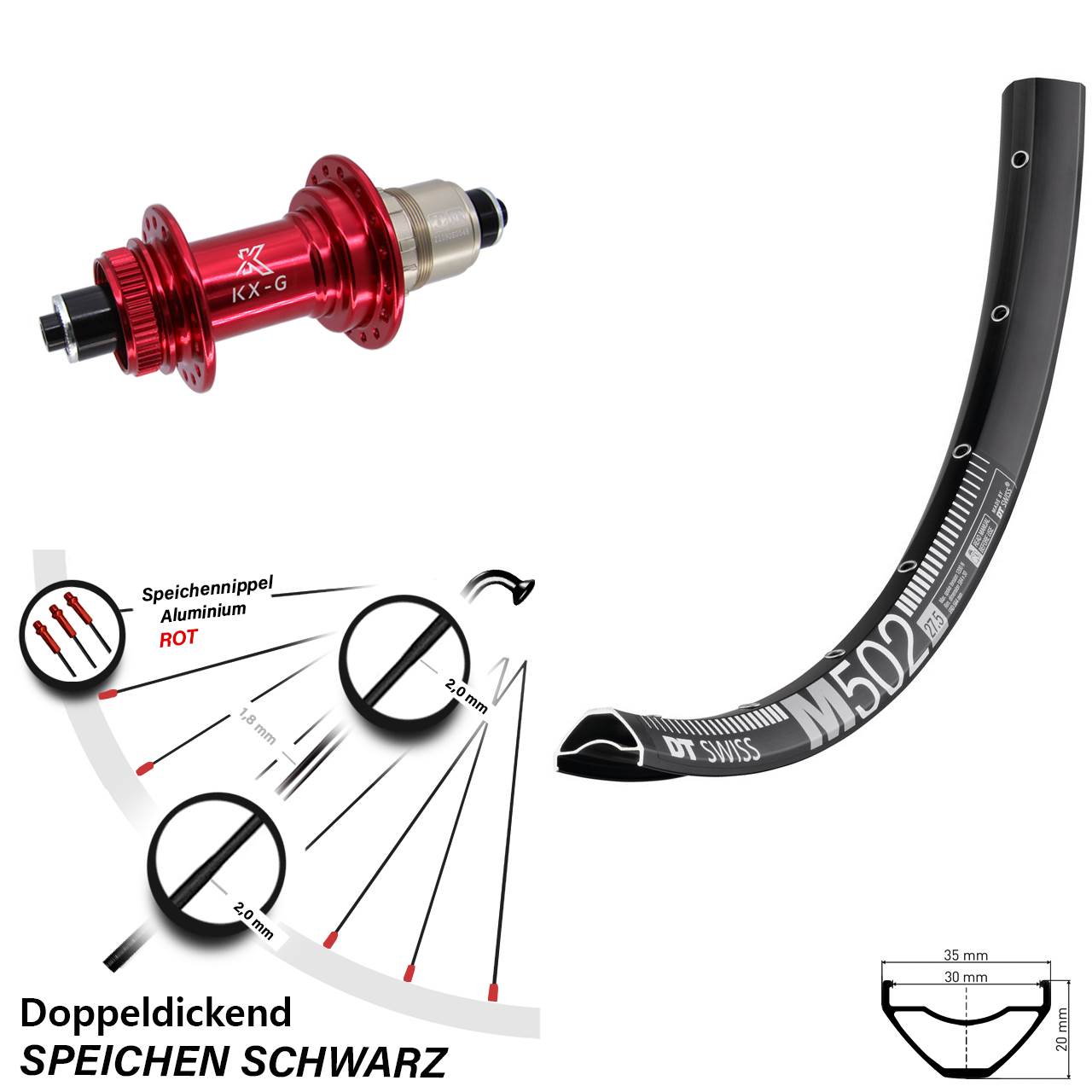 Disc Hinterrad QR 29 Zoll DT Swiss M 502 KX-G rot XD-R
