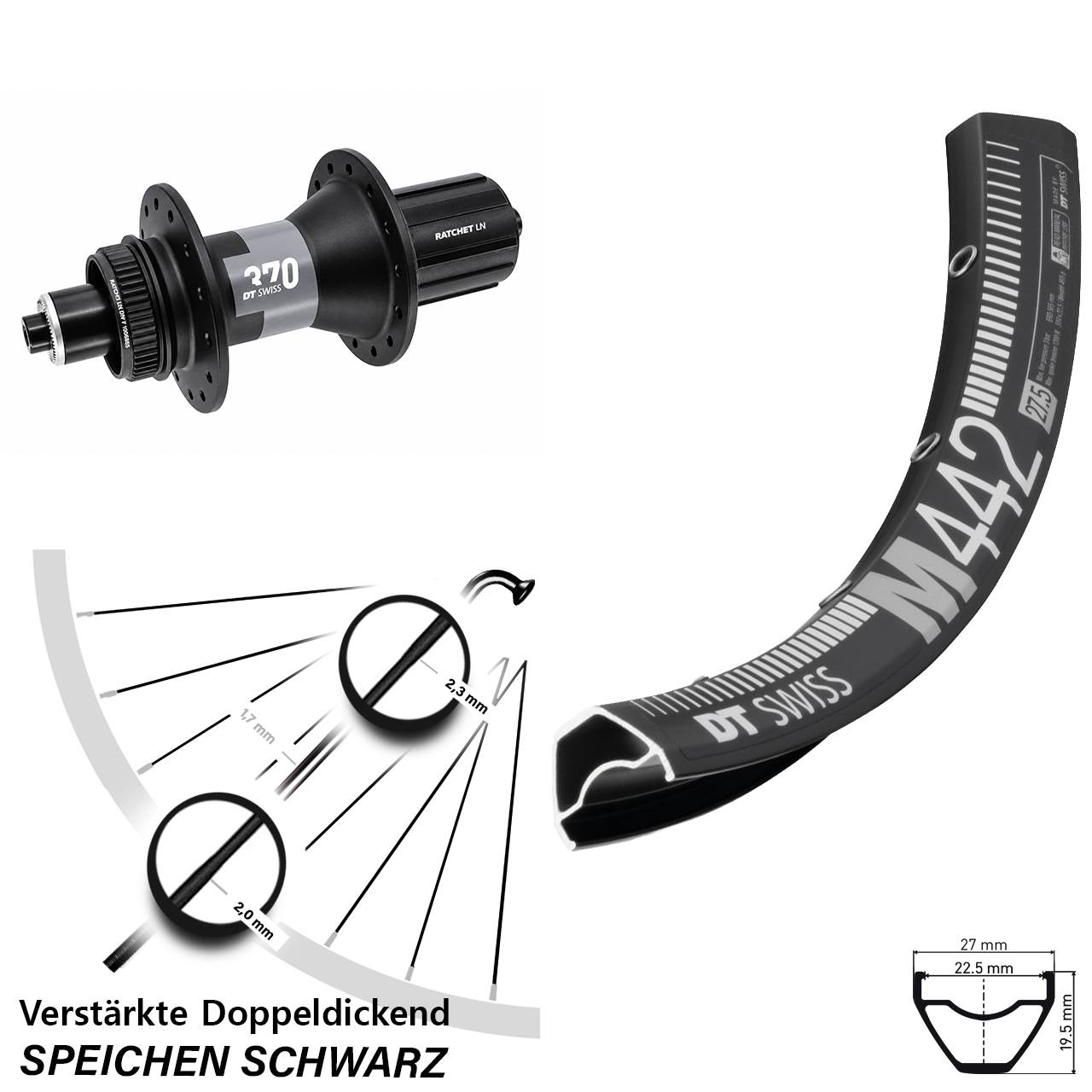 28-29 Zoll DT Swiss M 442-370 Centerlock Hinterrad für Schnellspanner 8-12 fach