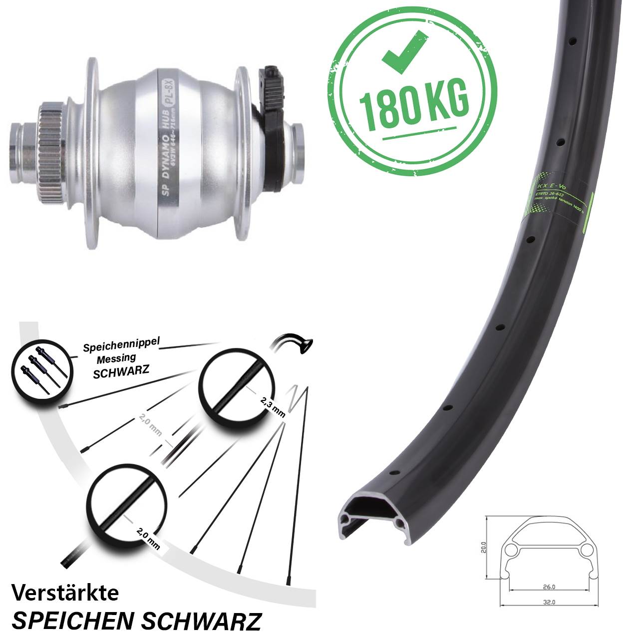 20 Zoll Nabendynamo Vorderrad KX Evo Shutter Precision PL-8X-M silbern Centerlock