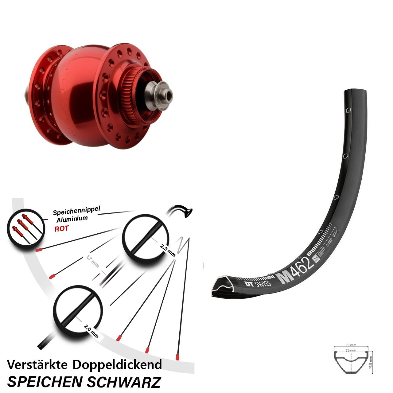 SONdelux rot DT Swiss M462 Centerl. 27,5 Zoll Dynamovorderrad für Schnellspanner
