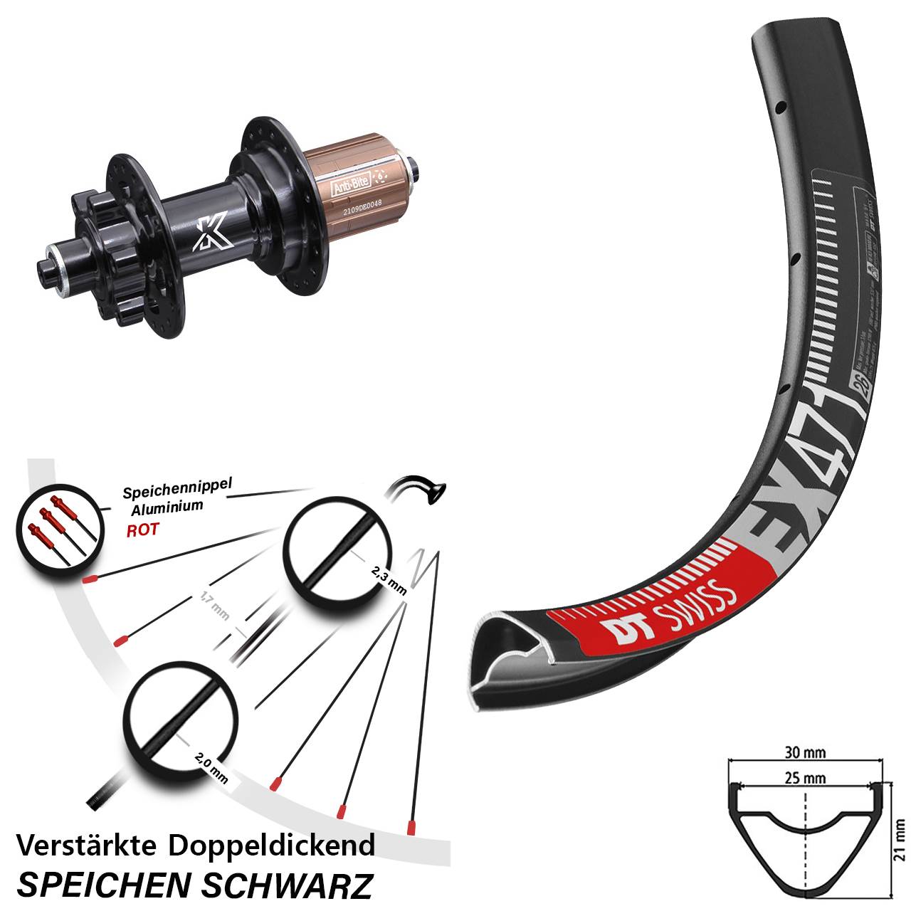 6-Loch Hinterrad für Schnellspanner 27,5 Zoll DT Swiss EX471 KX-M 8-12 fach