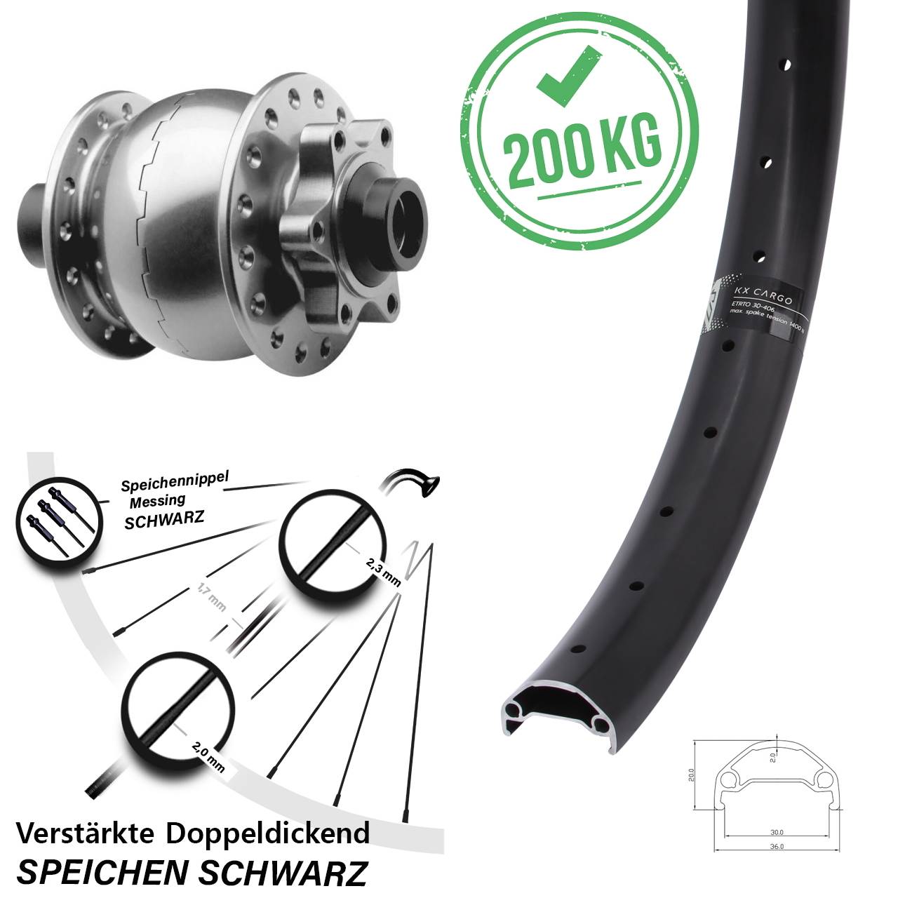 Vorderrad 20 Zoll KX Cargo SON 28 15x100 6-Loch silbern eloxiert