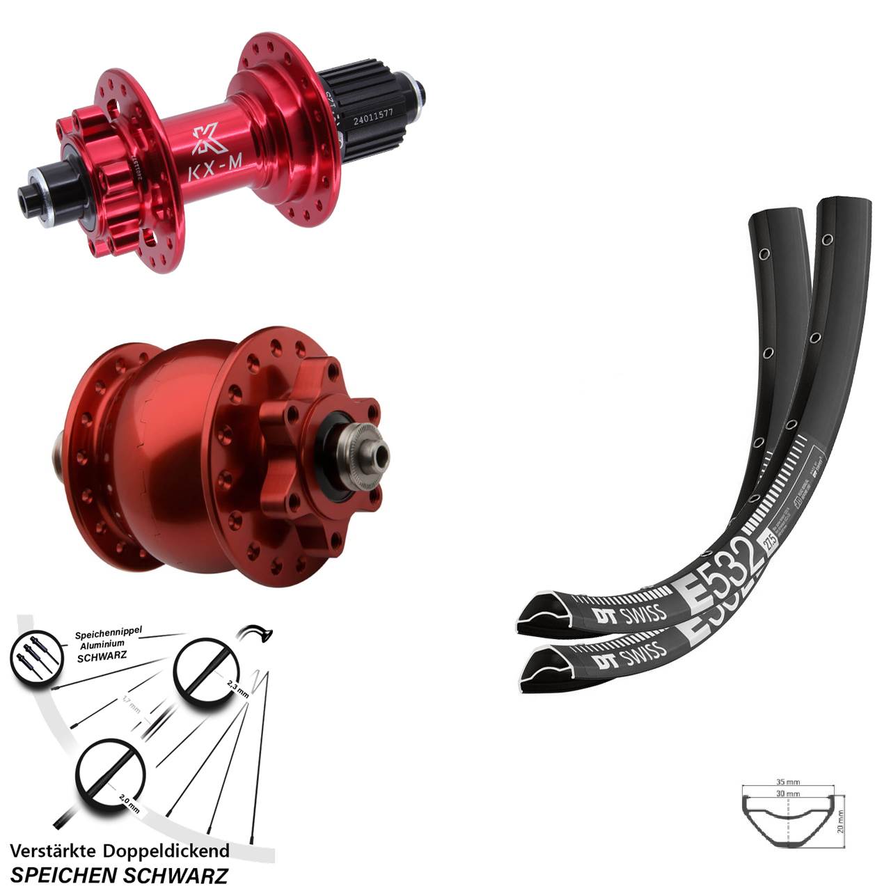Disc Laufrad-Satz 27,5 Zoll DT Swiss E532 KX-M rot SON 28 Shimano Micro Spline QR
