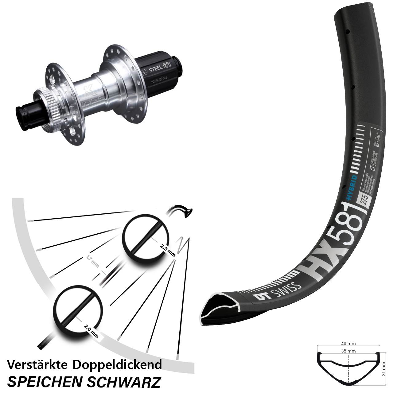 DT Swiss HX581 KX-E 6 Kugellager 27,5 Zoll Disc Laufrad 12x142 8-12 fach