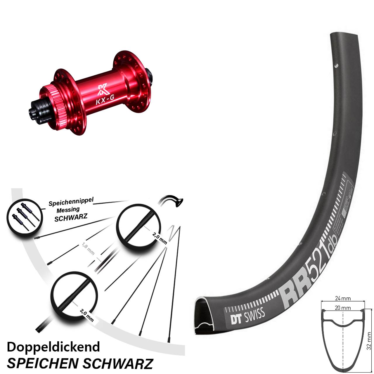 Vorderrad 28 Zoll DT Swiss RR 521 DB Nabe rot-eloxiert KX-G für Schnellspanner