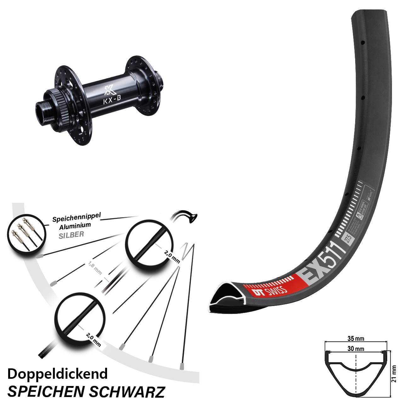 Vorderrad 27,5 Zoll DT Swiss EX 511 KX-B Centerlock Boost
