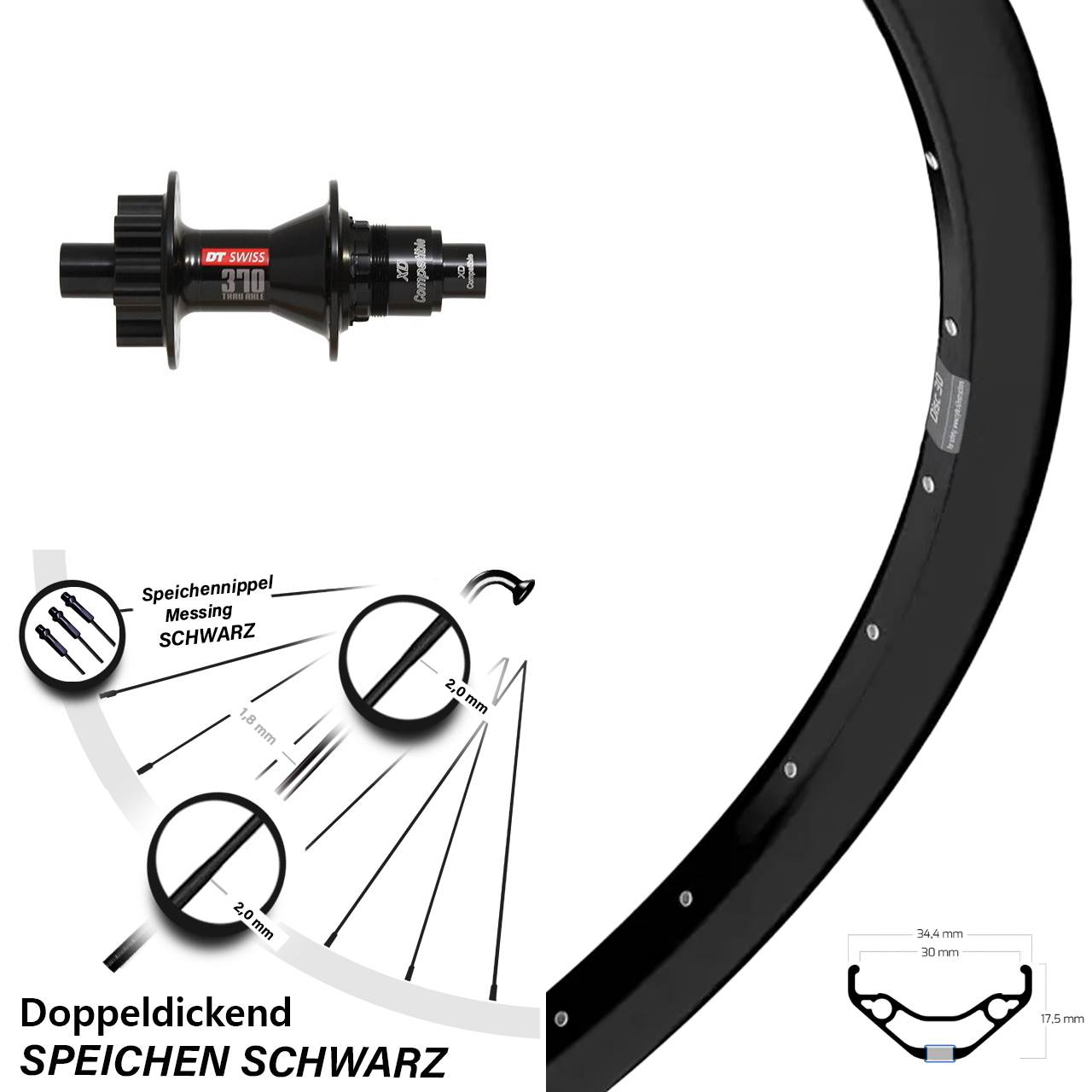 Hinterrad 6-Loch 12x142 27,5 Zoll Ryde Disc 30 DT Swiss 370 XD