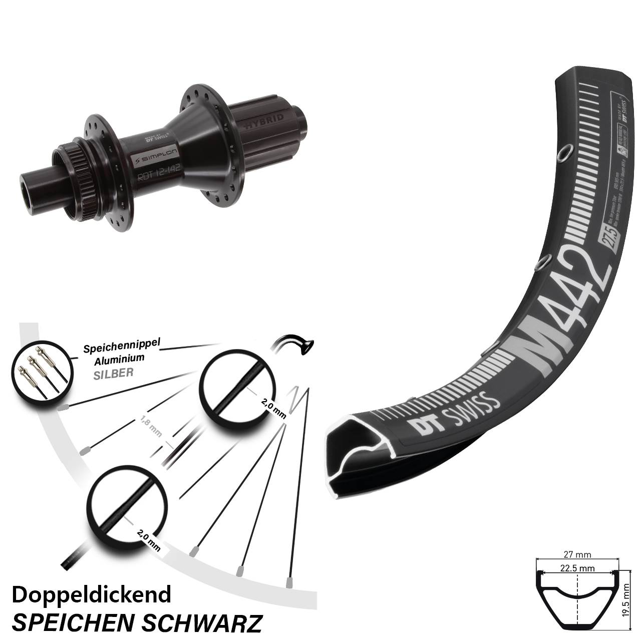 DT Swiss M442-370 Hybrid 28 Zoll Centerlock Hinterrad 12x142 8-11 fach