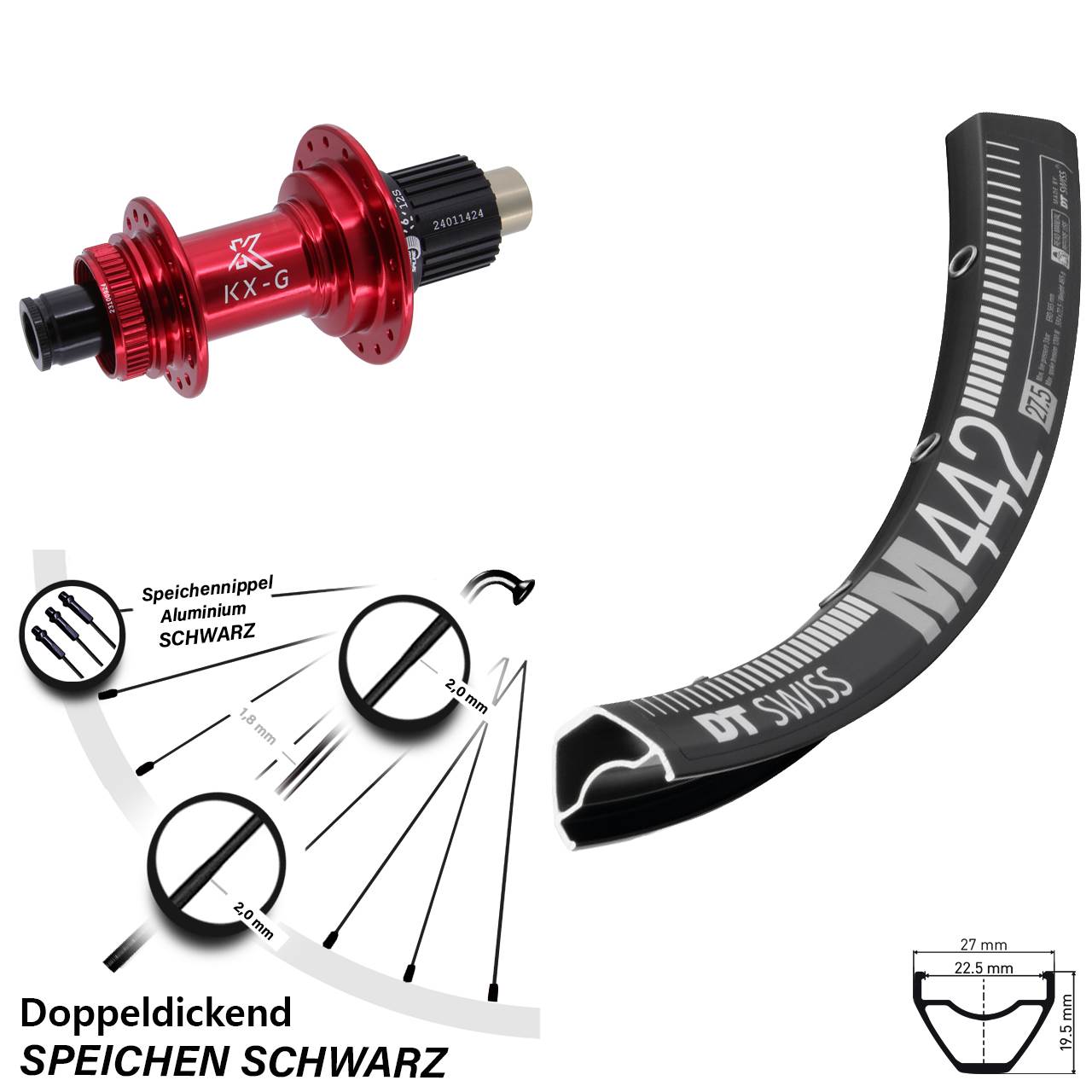 DT Swiss M 442 28 Zoll Hinterrad KX-G rot Micro Spline 12x142