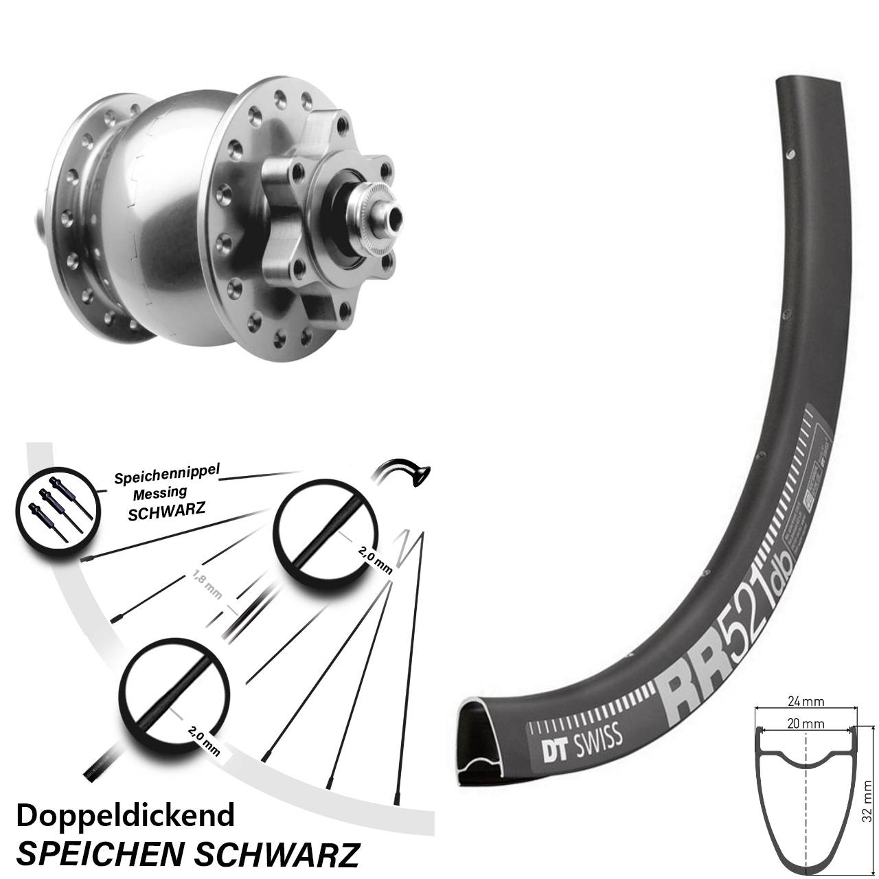 Nabendynamovorderrad 6-Loch 28 Zoll DT Swiss RR 521 SON 28 silbern QR