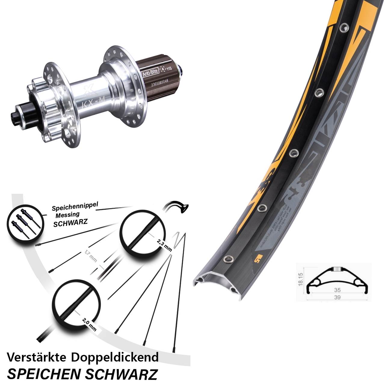 6-Loch Hinterrad 27,5 Zoll Rodi TRYP 35 KX-M 8-12 fach für Schnellspanner