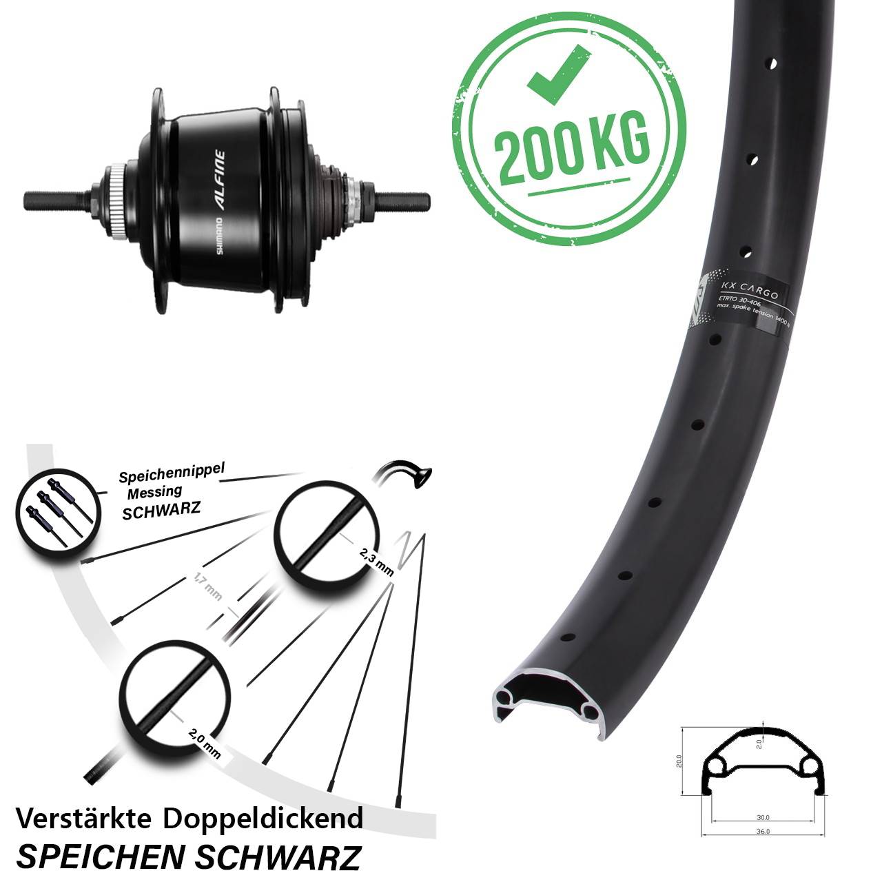 20 Zoll Hinterrad KX Cargo Shimano Alfine 8 Gang