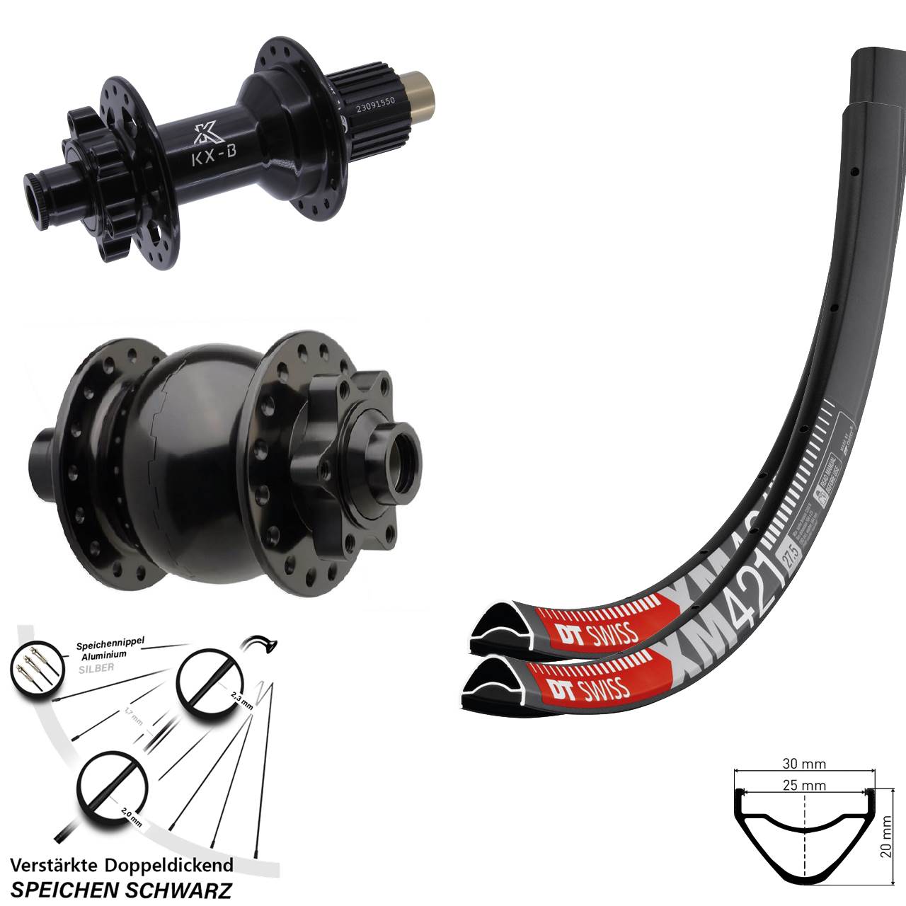 650B DT Swiss XM421 KX-B SON 28 Disc Laufrad-Satz 15x110 12x148 Micro Spline