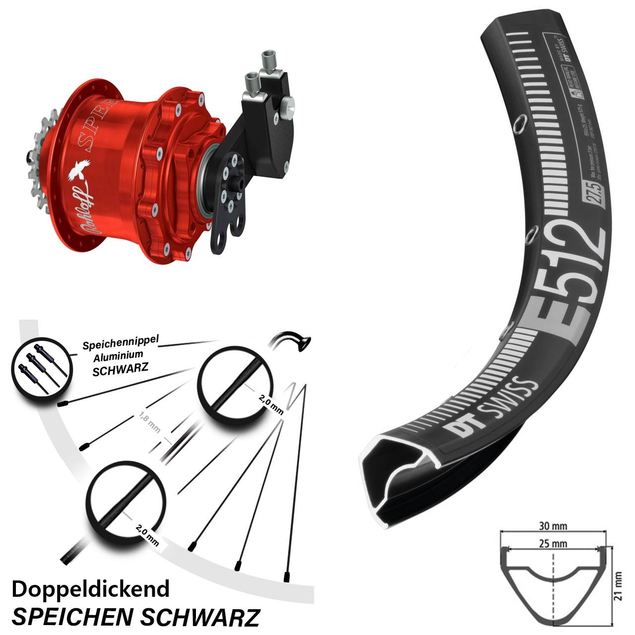 Hinterrad 27,5 Zoll DT Swiss E 512 Disc Rohloff Speedhub 500/14 CC DB Tandem rot