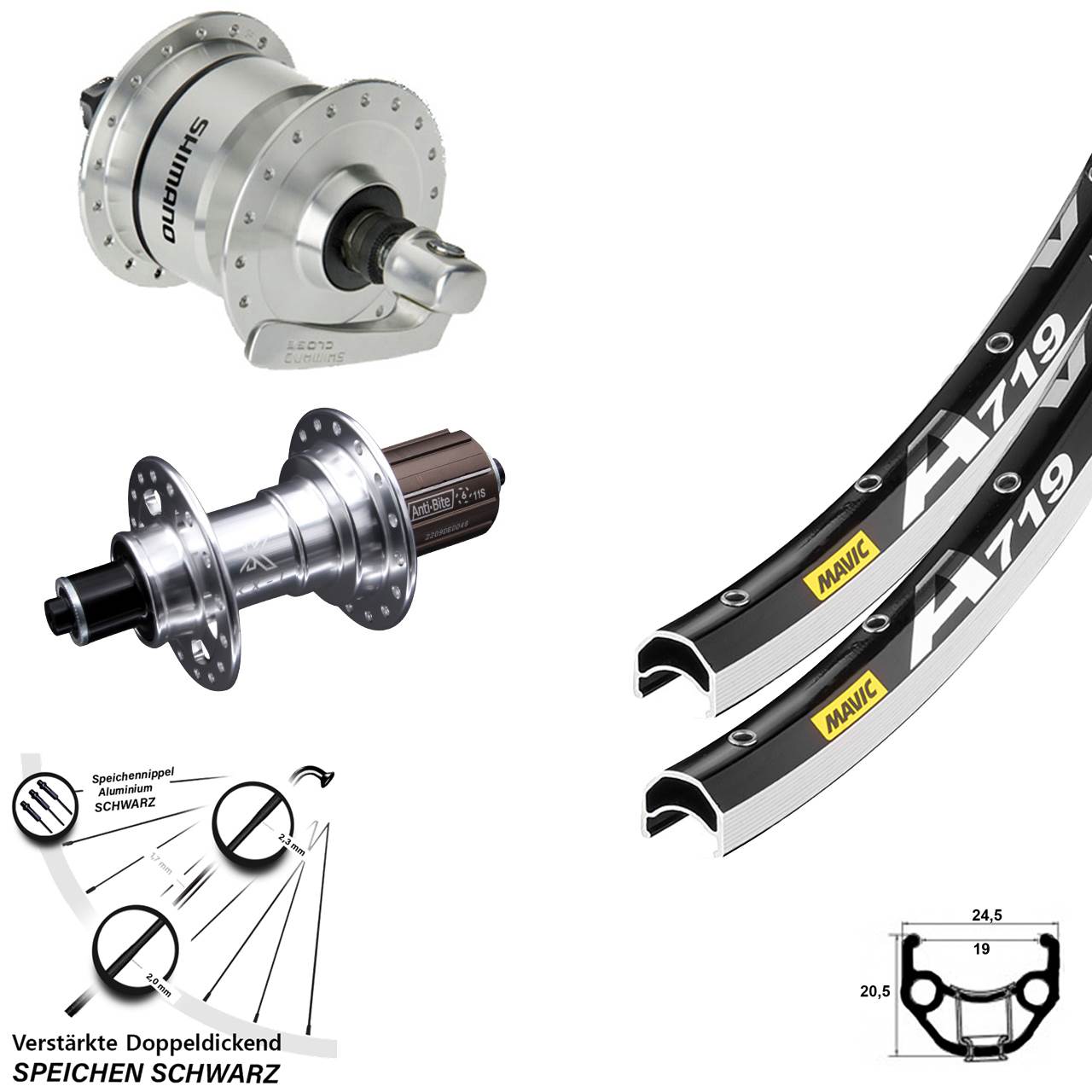 Laufradsatz für Schnellspanner 28 Zoll Mavic A719 KX-T Shimano DH-3N72 8-12 fach HG