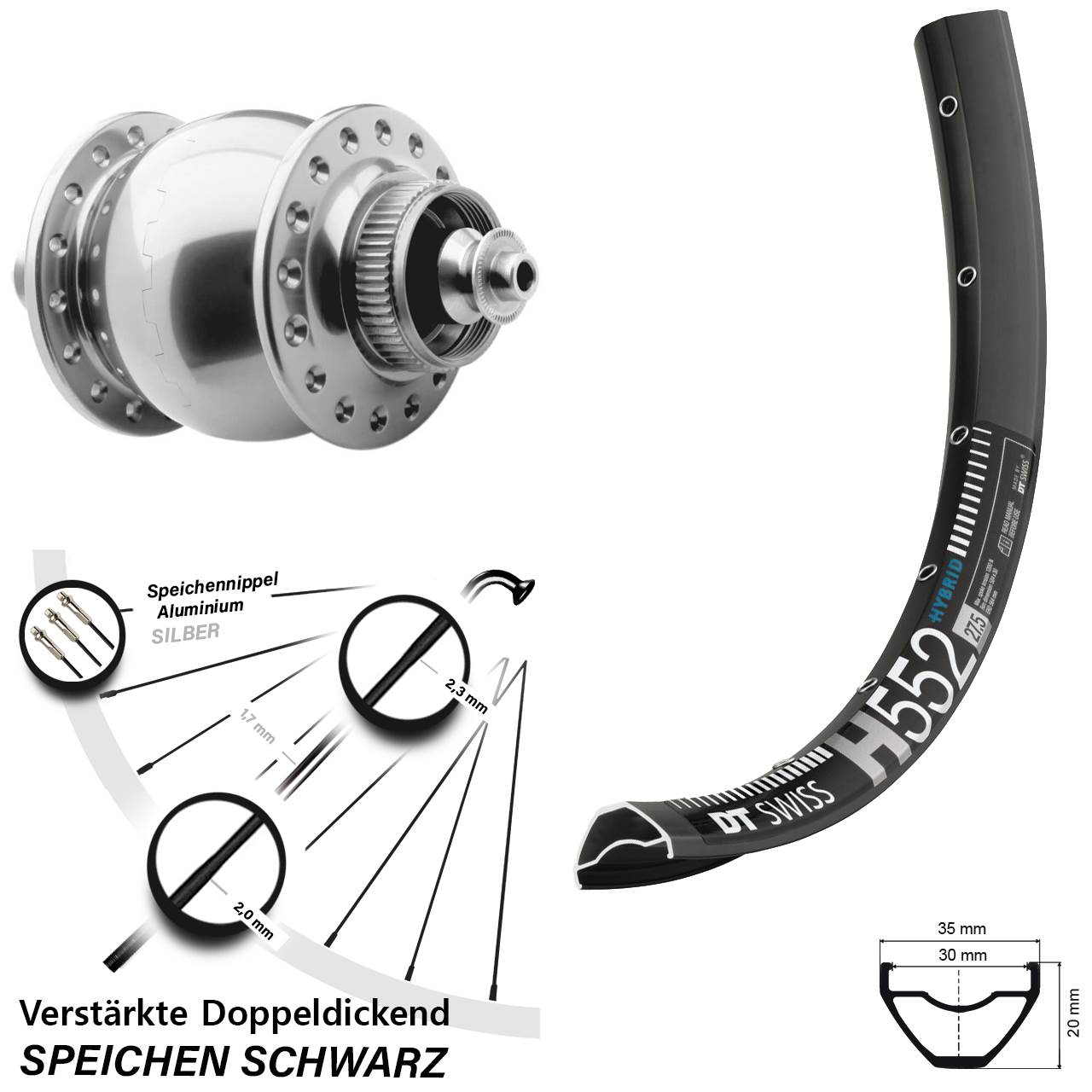 Vorderrad Nabendynamo SON 28 Disc Centerlock silbern eloxiert DT Swiss H 552 29 Zoll