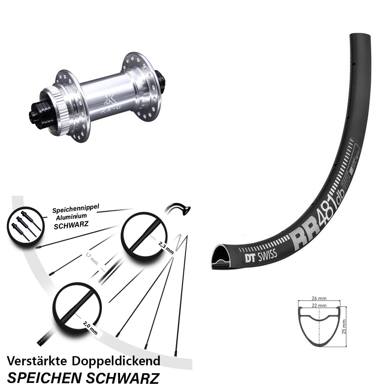 Vorderrad 28 Zoll DT Swiss RR 481 DB Disc verstärkt KX-G silbern 5x100