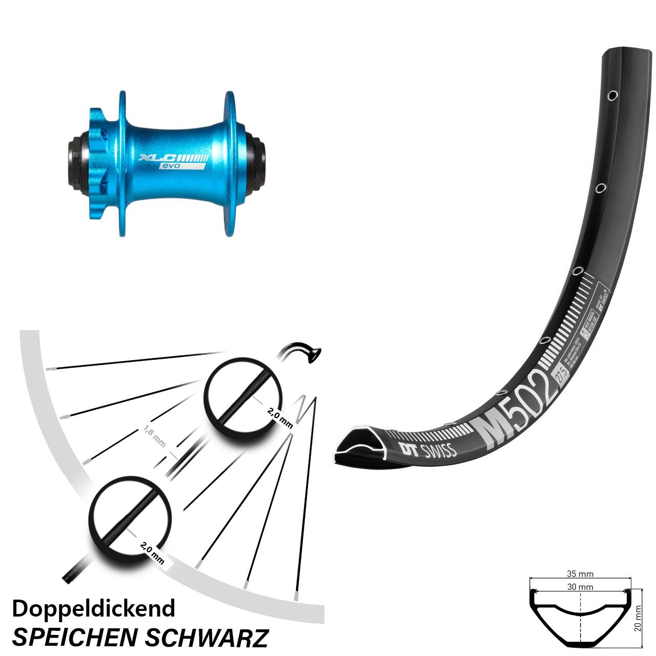 6-Loch Vorderrad 15x100 29 Zoll DT Swiss M502 XLC blau