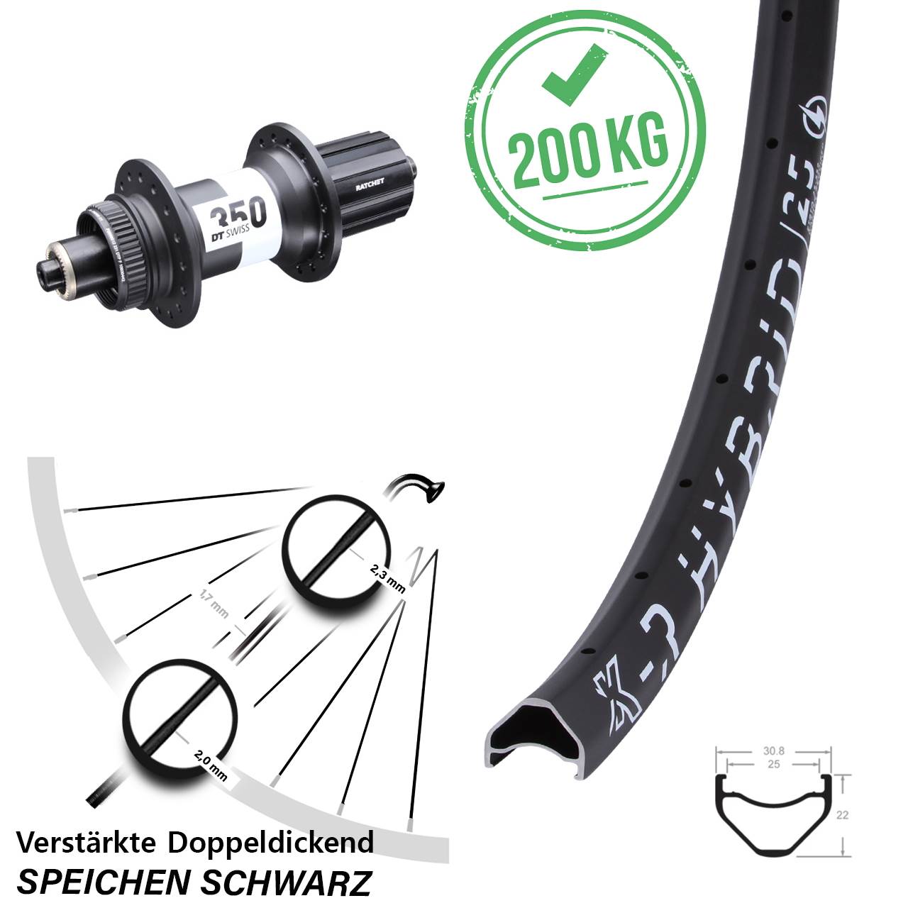 KX-R Hybrid 25 DT Swiss 350 Ratchet 36 26 Zoll Centerlock Hinterrad QR 8-11 fach HG