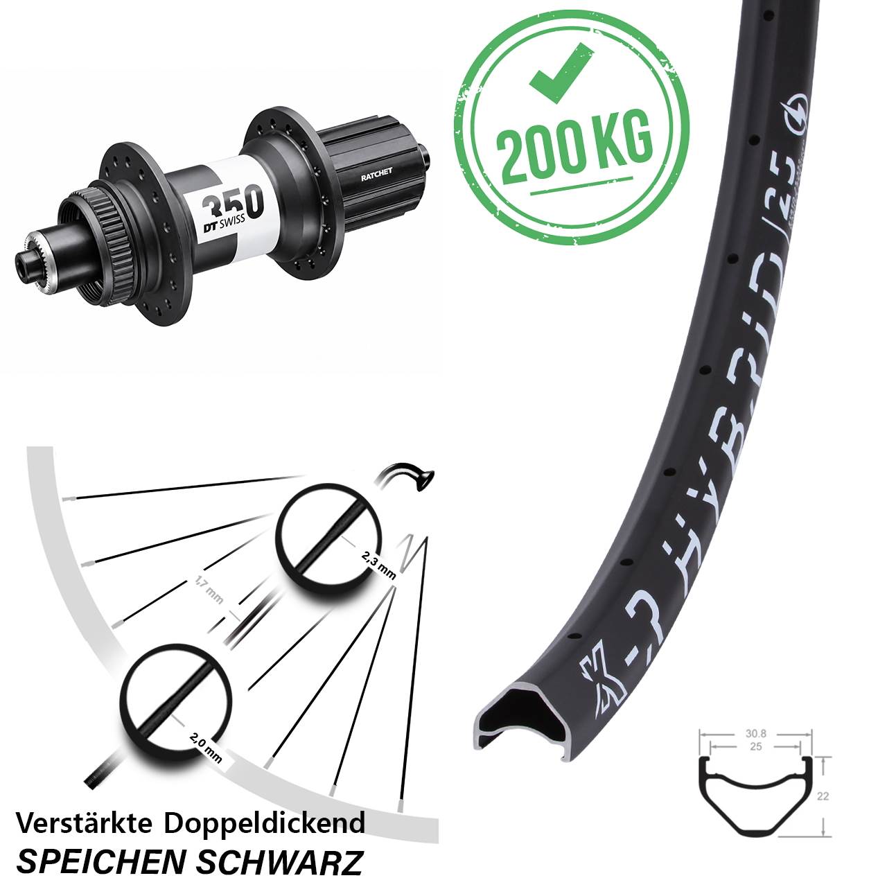 KX-R Hybrid 25 DT Swiss 350 Ratchet 36 26 Zoll Centerlock Hinterrad QR 8-11 fach HG