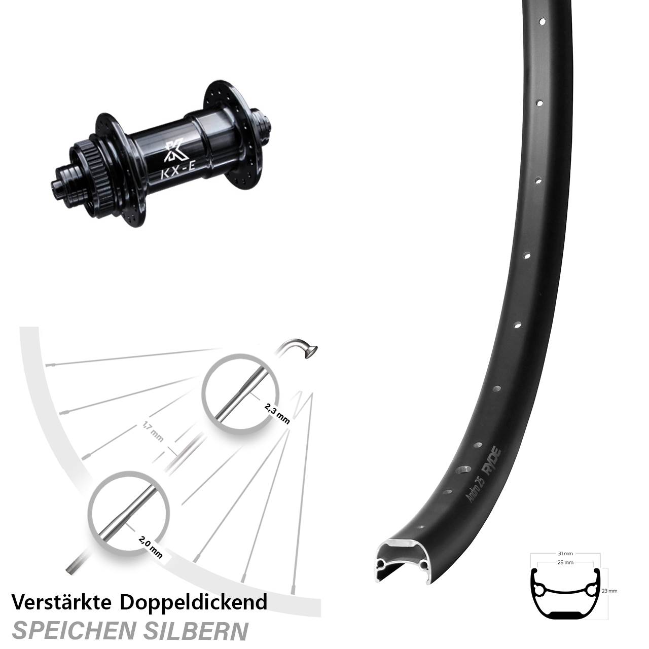 Ryde Andra 25 KX-E Heavy Duty 28 Zoll Vorderrad Centerlock für Schnellspanner