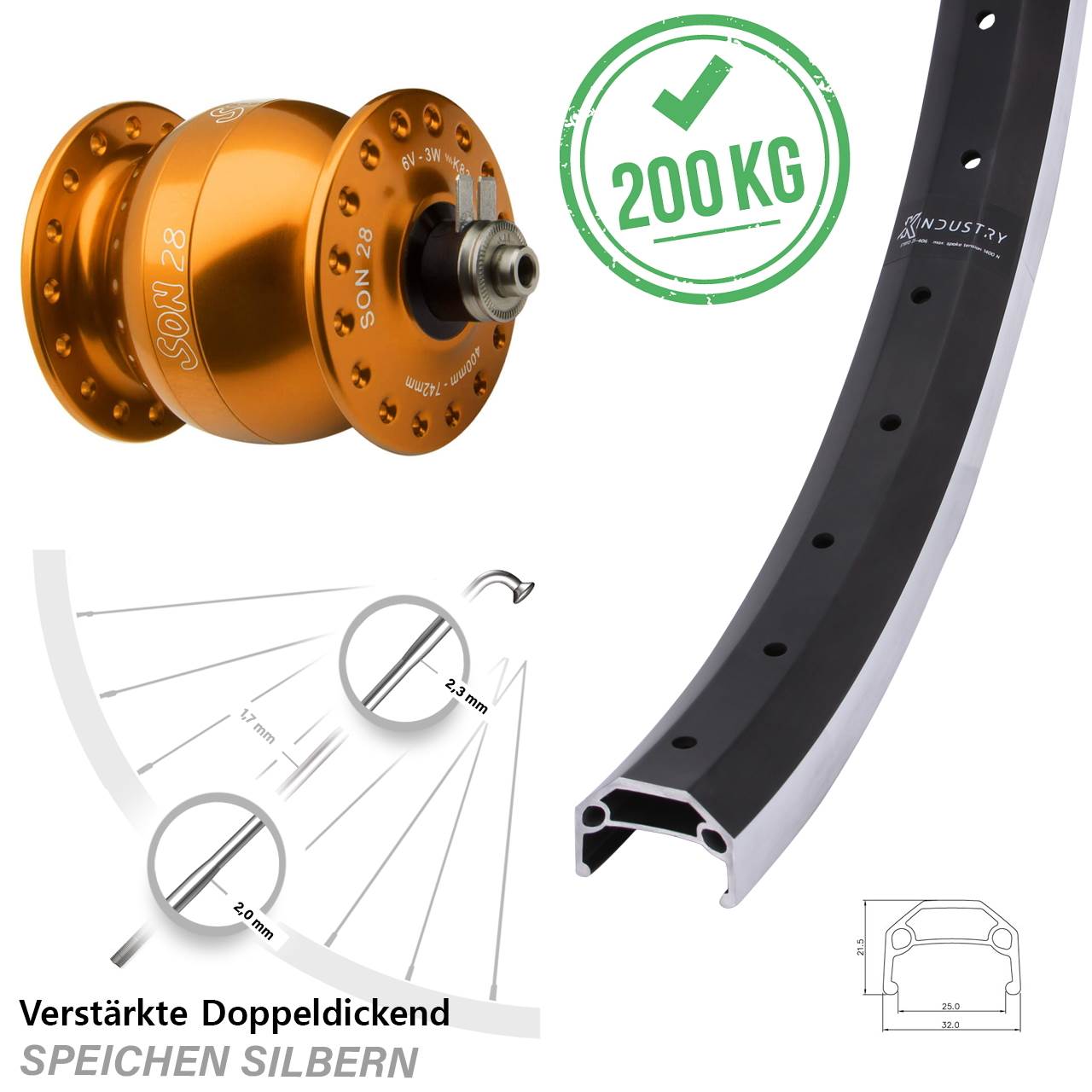26 Zoll KX Industry SON 28 orange Dynamo-Vorderrad QR