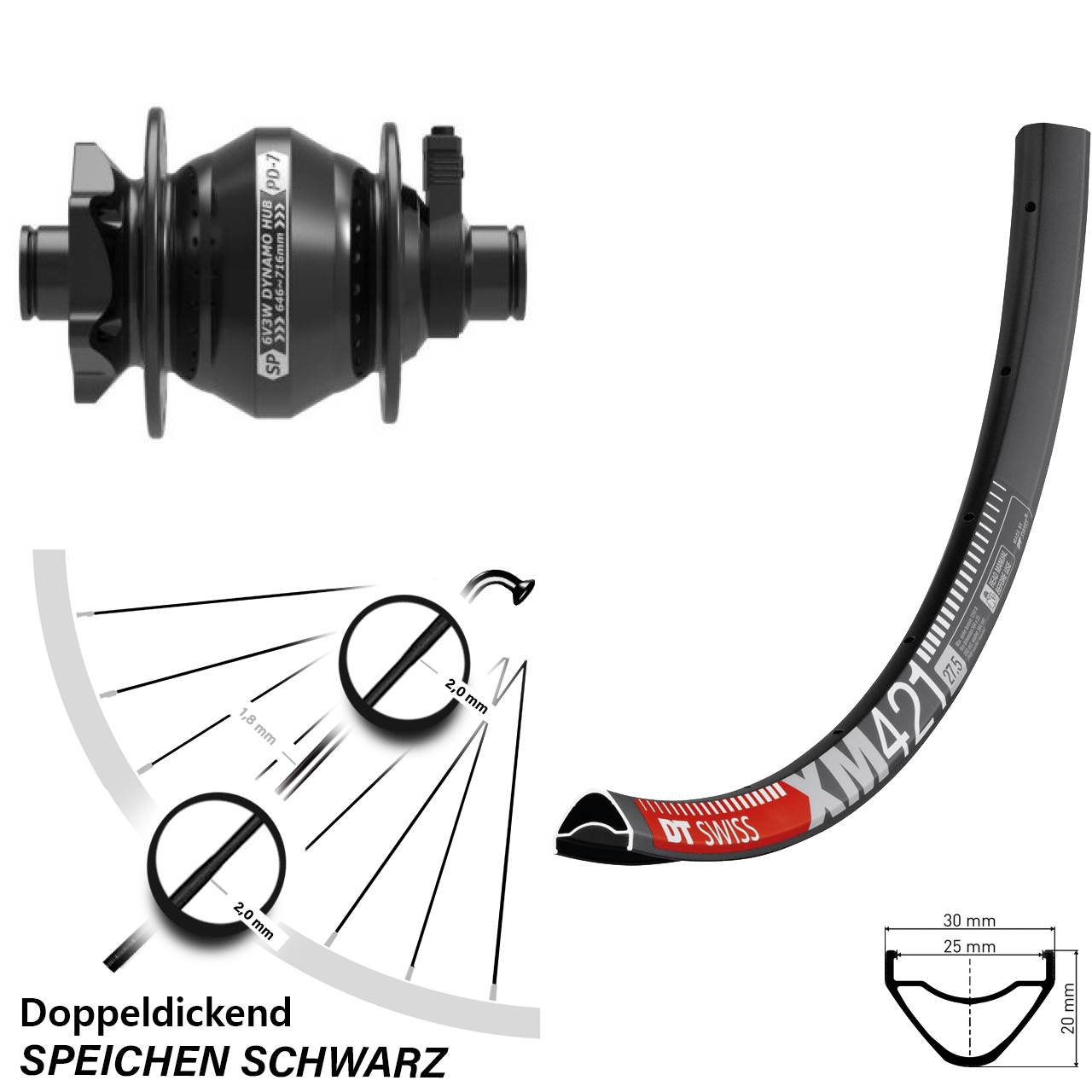 Disc Laufrad mit Nabendynamo 27,5 Zoll DT Swiss XM421 Shutter Precision PD-7 12x100