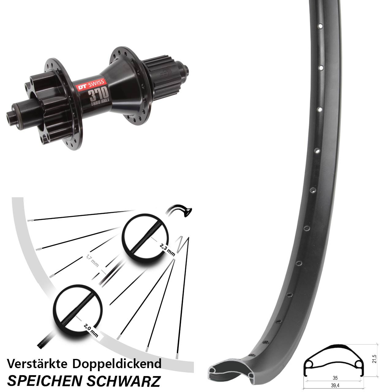 6-Loch Hinterrad QR 27,5 Zoll Ambrosio E35 DT Swiss 370 Hybrid Micro Spline