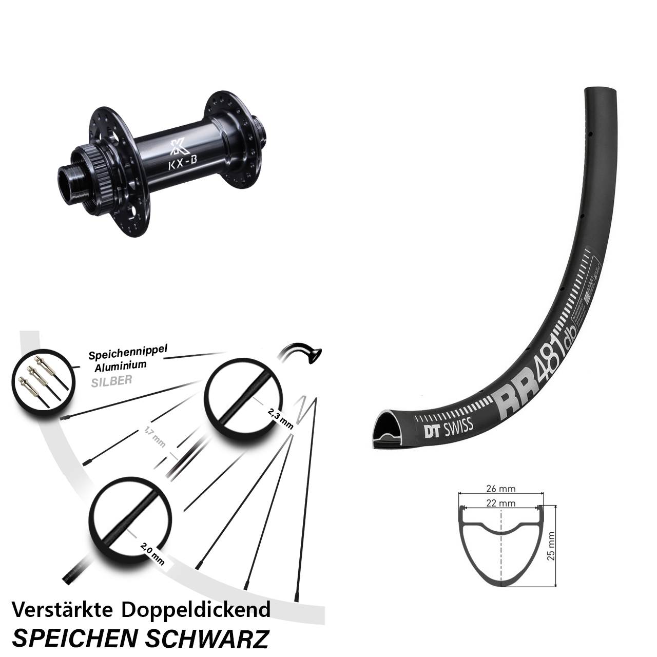 verstärktes Road 28 Zoll Vorderrad DT Swiss RR 481 Disc Centerlock KX-Boost 12x110 mm