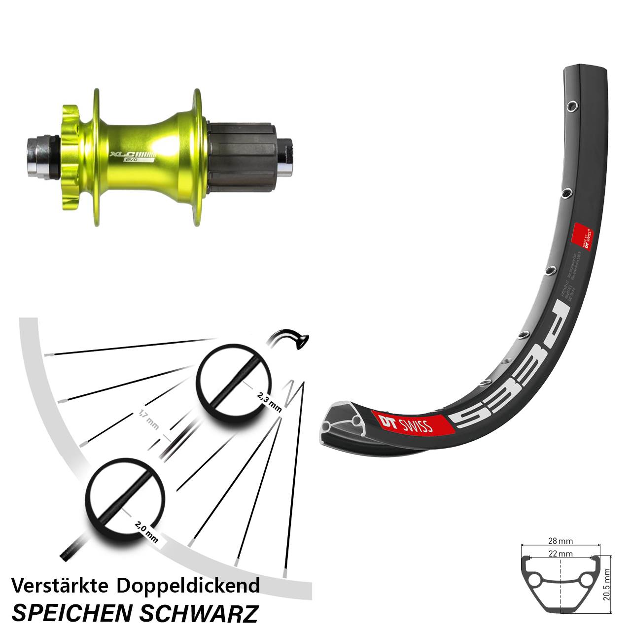 27,5 Zoll DT Swiss 533d XLC Evo grün Hinterrad 6-Loch 12x142 8-11 fach