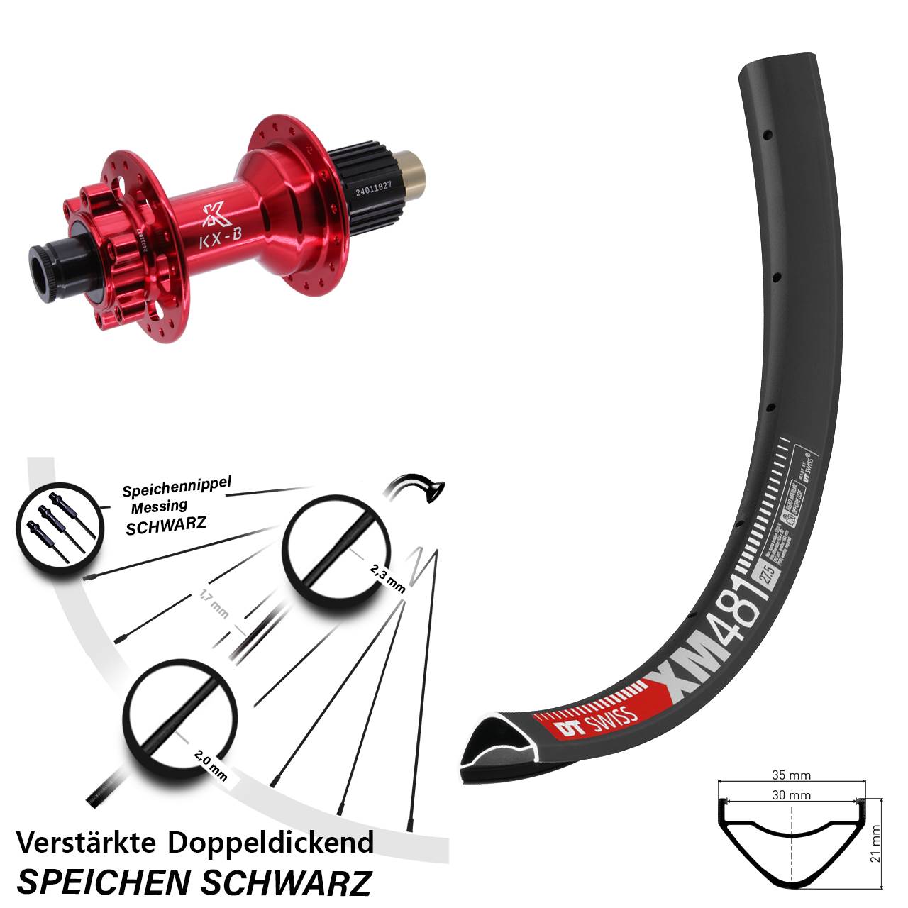 Boost Disc Laufrad 12x148 27,5 Zoll DT Swiss XM481 KX-B rot Shimano Micro Spline