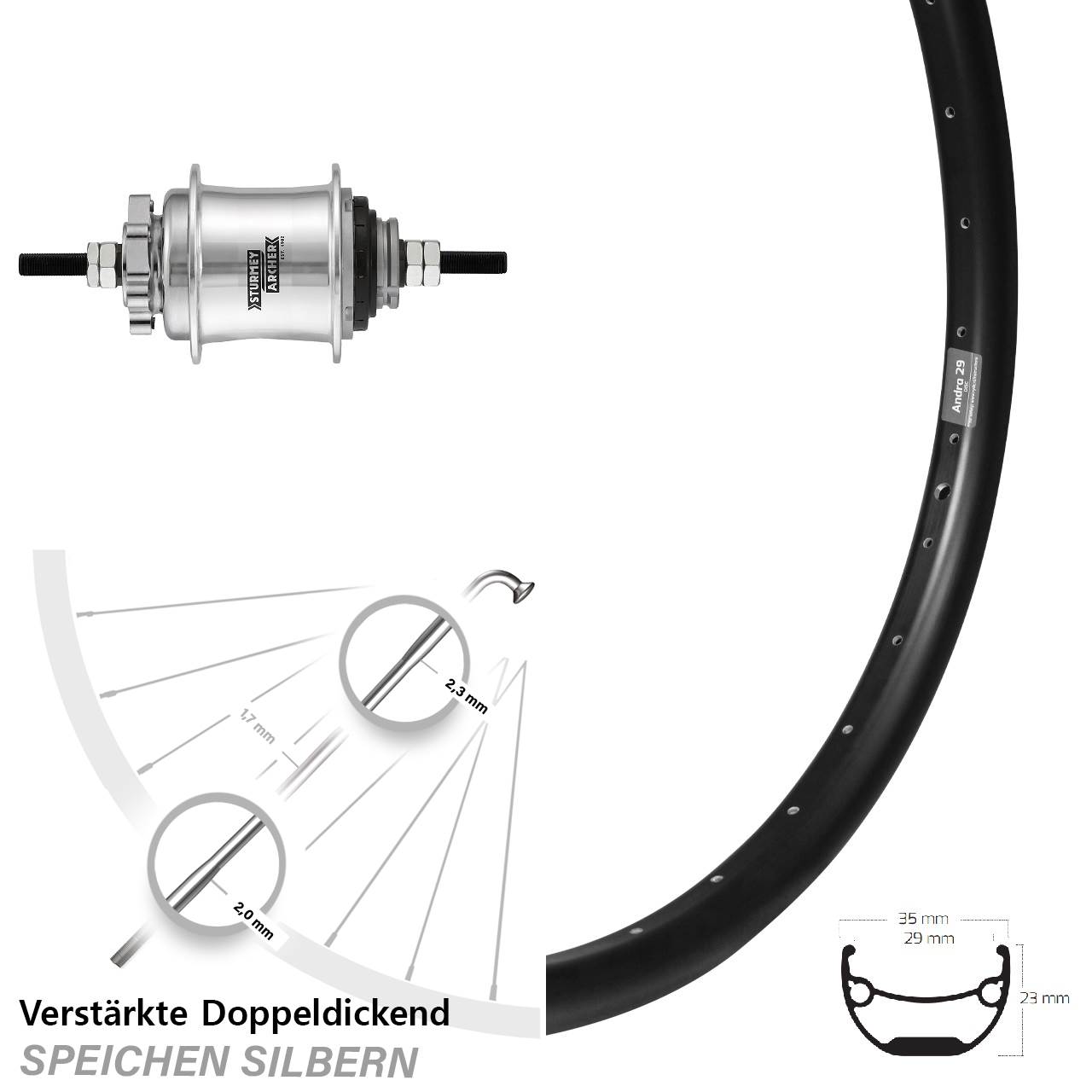 Ryde Andra 29 Hinterrad 27,5+ Zoll Sturmey Archer Automatic 2 Gang Disc