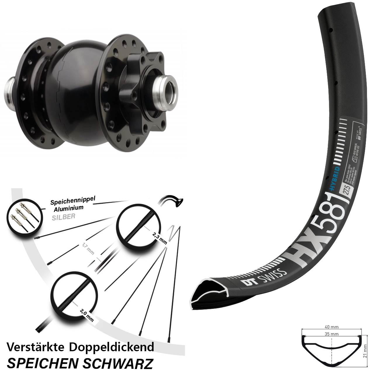 Disc Vorderrad mit Nabendynamo 27,5 Zoll DT Swiss HX581 SON 28 12x110 Boost