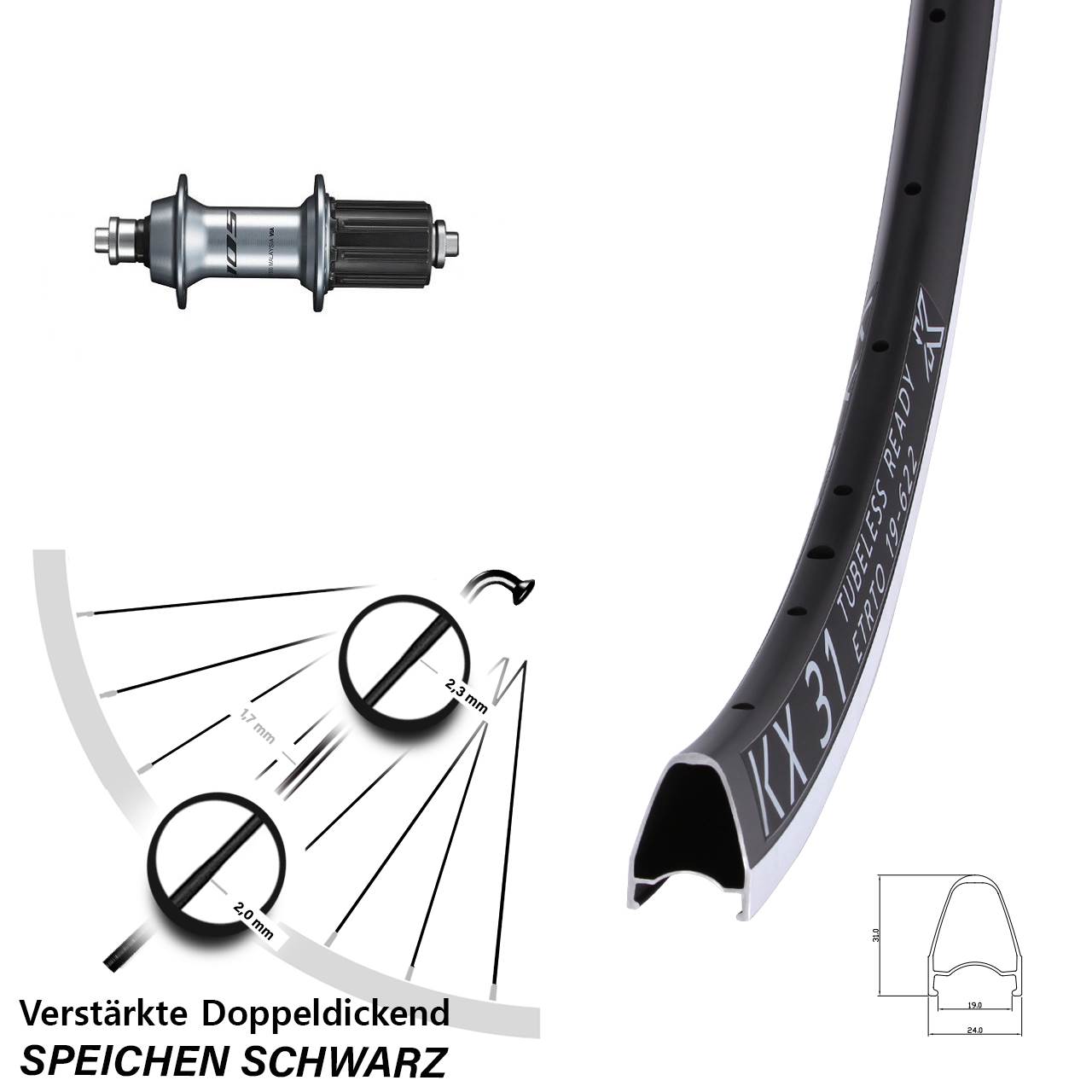 KX 31 Shimano FH-R7000 28 Zoll Hinterrad QR 8-12 fach HG