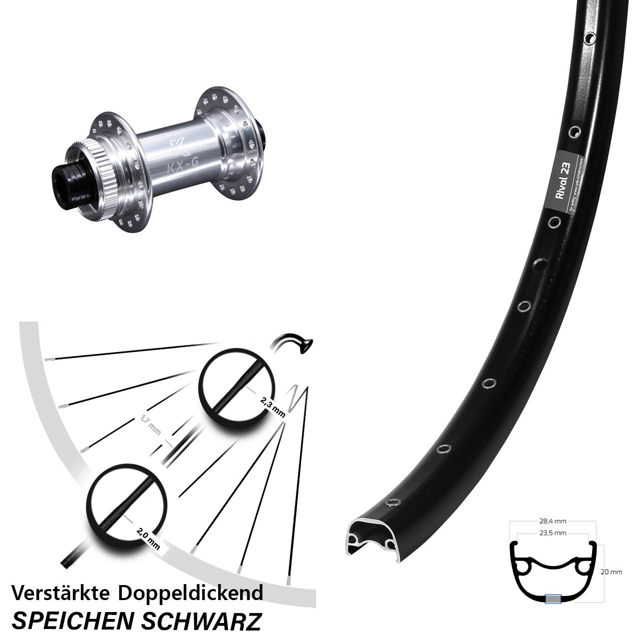 Ryde Rival 23 Vorderrad 27,5 Zoll mit KX-G Steckachse 15x100 mm silbern