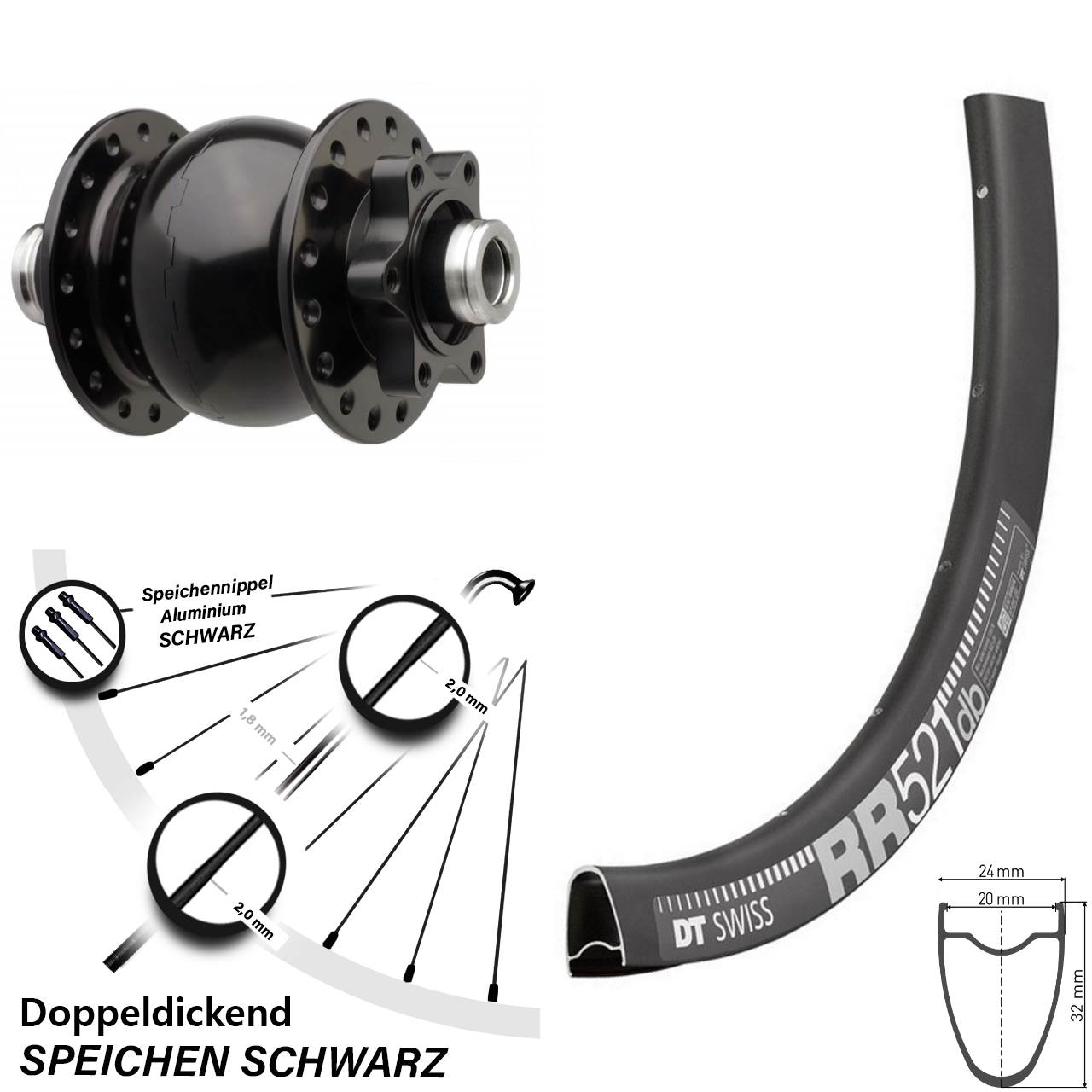 Vorderrad 28 Zoll DT Swiss RR 521 DB schwarz SON 28-12x110 Boost Road 6-loch Disc