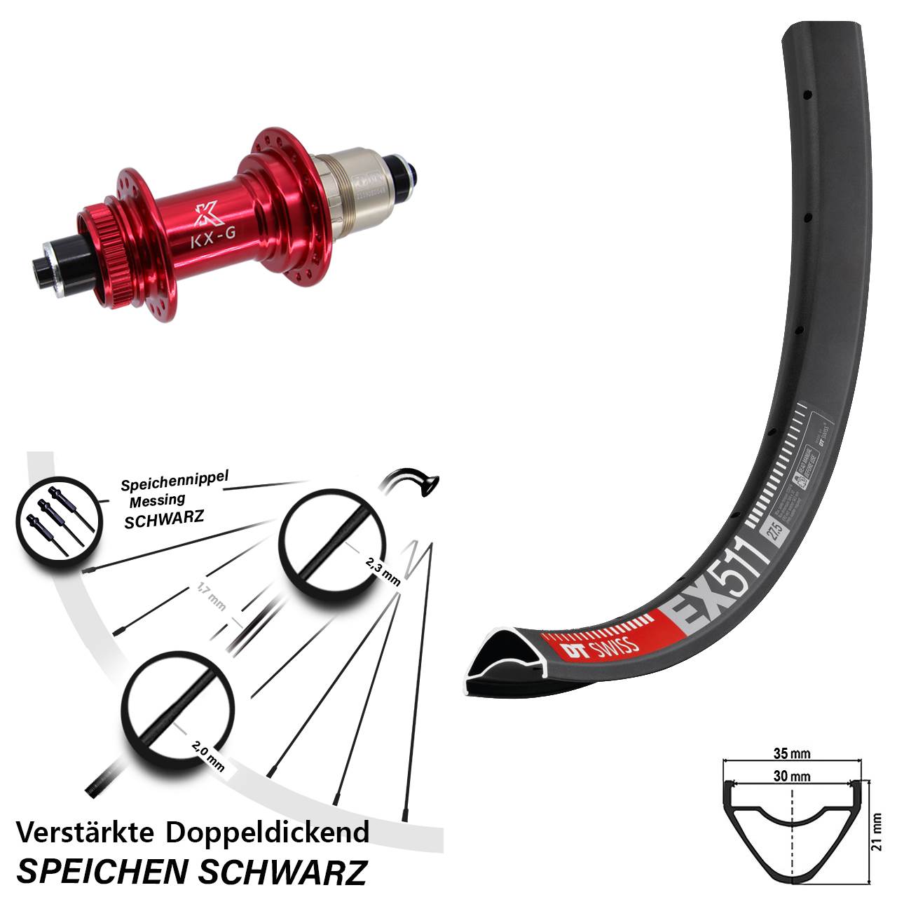 Disc Laufrad für Schnellspanner 27,5 Zoll DT Swiss EX511 KX-G rot SRAM XDR