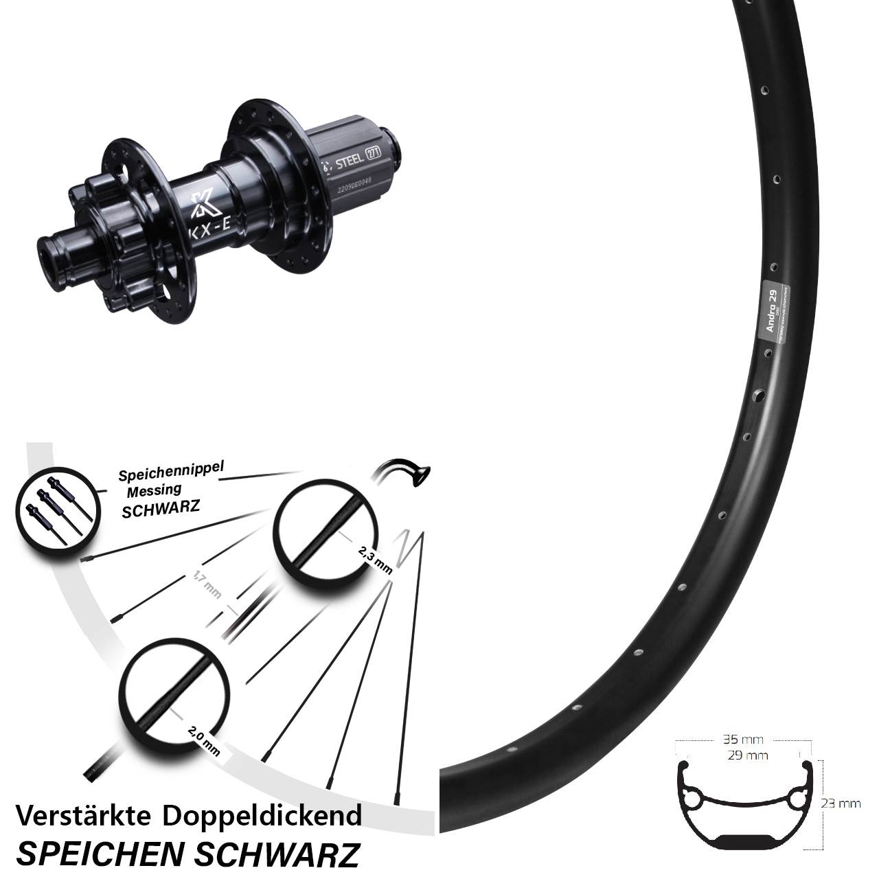 Hinterrad verstärkt KX-E Nabe 12x142 mm 6-loch 11-fach Ryde Andra 29 Zoll Steckachse