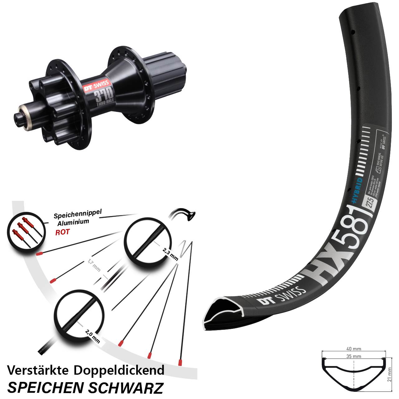 DT Swiss HX581 DT Swiss 370 Hybrid 27,5 Zoll Disc Hinterrad QR 8-11 fach HG