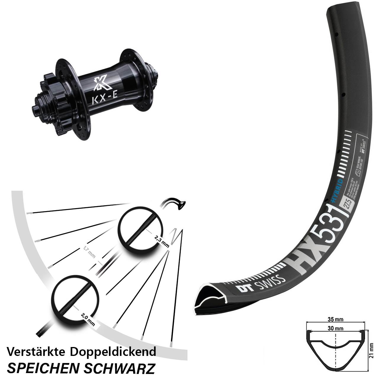 DT Swiss HX 531 Vorderrad 29 Zoll E-Bike KX-E Disc schwarz 6-loch 5x100 mm