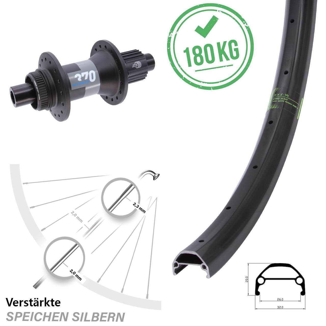 Hinterrad Centerlock 12x148 26 Zoll KX Evo DT Swiss 370 Hybrid Micro Spline