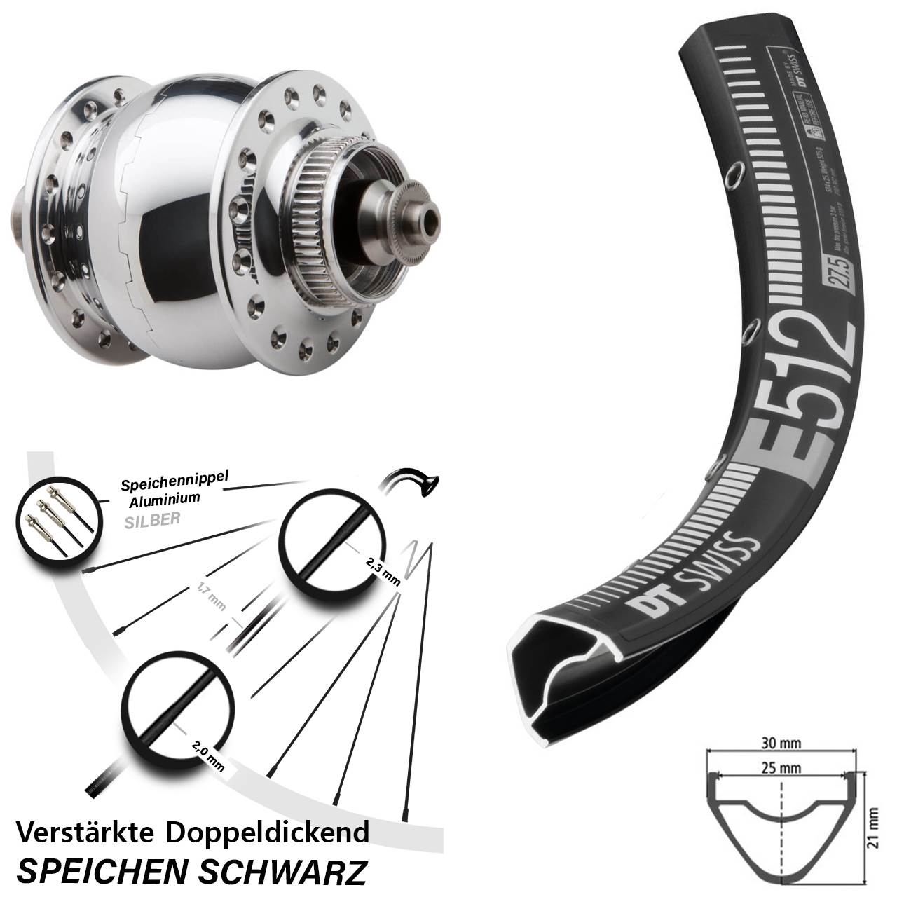 Centerlock Vorderrad mit Dynamo 27,5 Zoll DT Swiss E512 SON delux QR