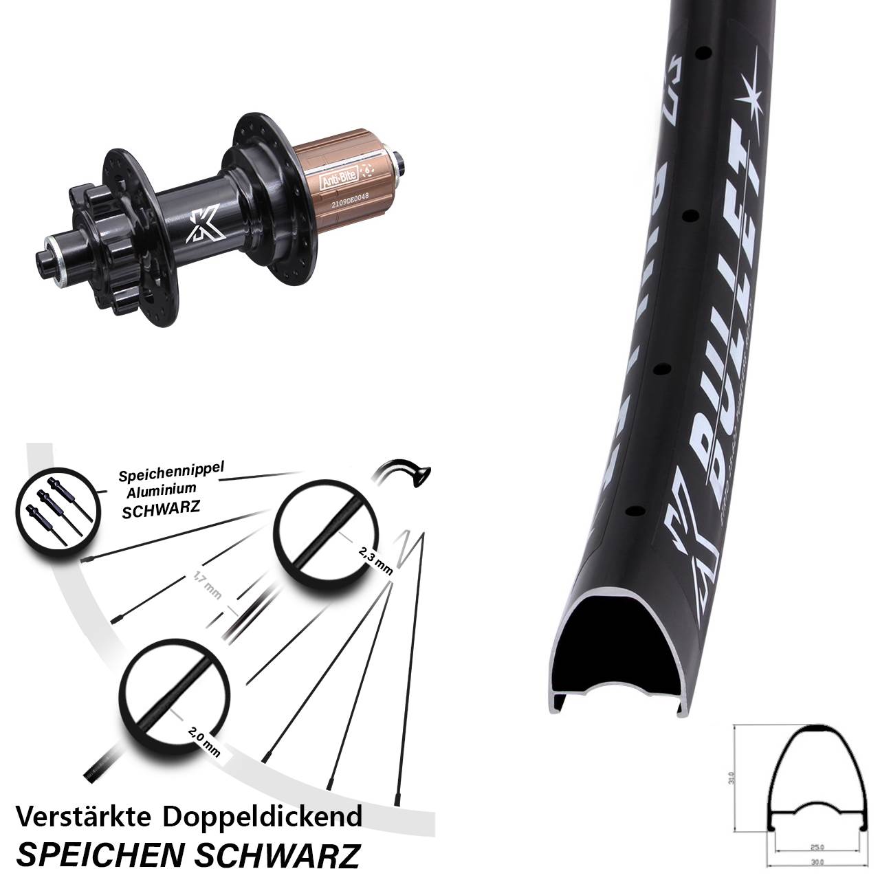 6-Loch Hinterrad für Schnellspanner 28 Zoll KX-M Bullet 8-12 fach HG