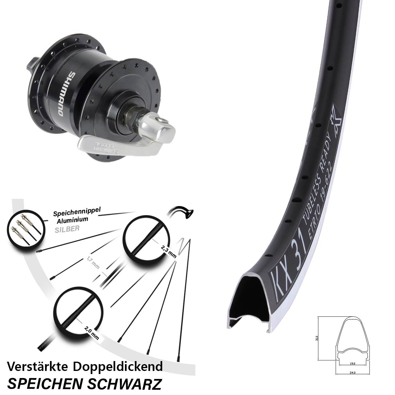 KX 31 Shimano DH3N72 28 Zoll Laufrad mit Nabendynamo für Schnellspanner