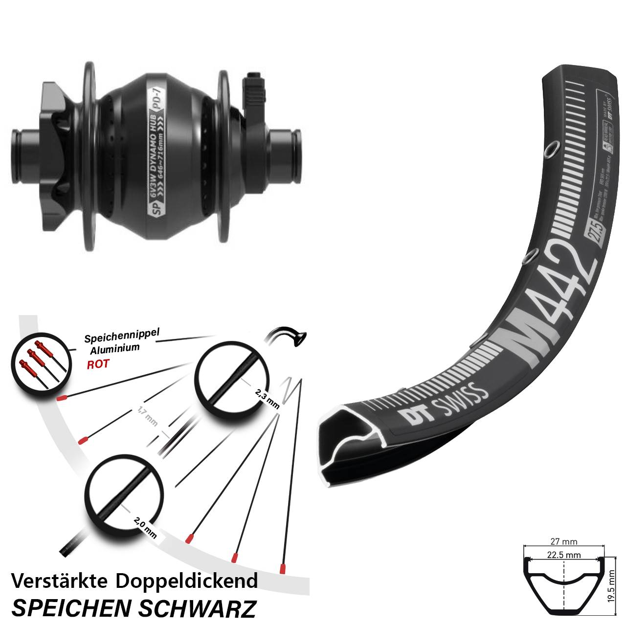 Disc Vorderrad mit Nabendynamo 29 Zoll DT Swiss M 442 Shutter Precision PD-7 12x100
